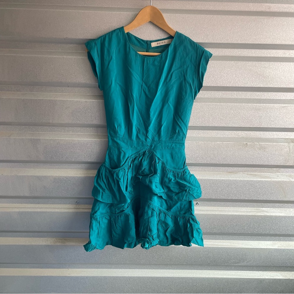 Reiss green satin mini dress with a drape and tuck design